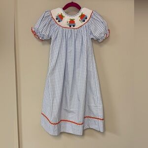Babeeni: Girls Blue Checkered Smocked Pumpkin Bishop Dress, Size 5T